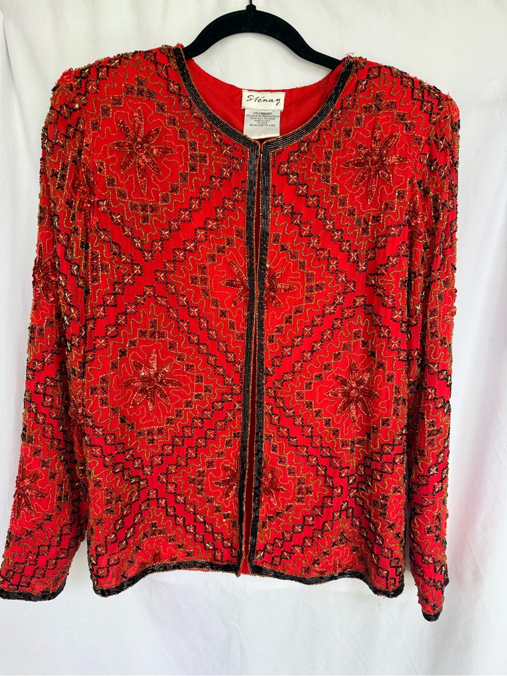 VINTAGE Stenay Vibrant Red Beaded Open-Front Jacket